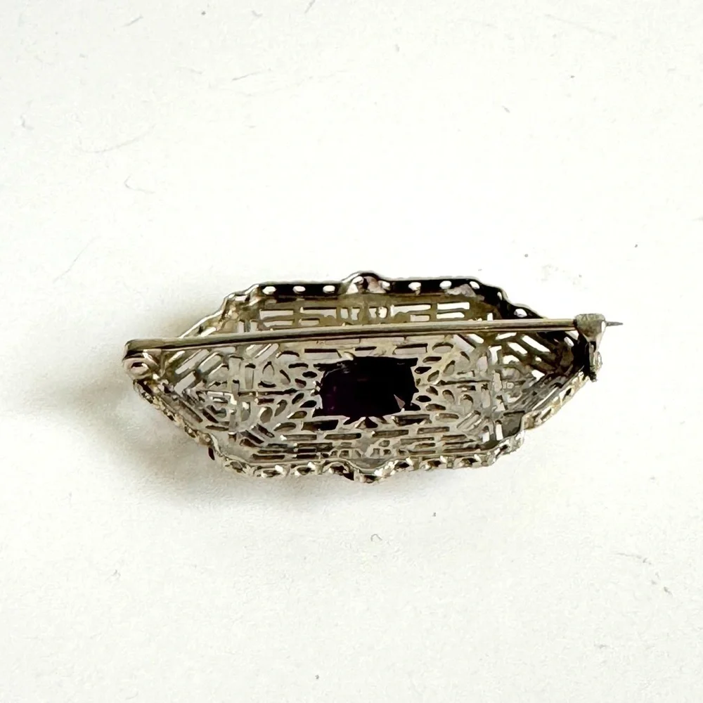 Art Deco 10K White Gold Brooch Filigree Amethyst Pin Ornate Victorian Vintage‎